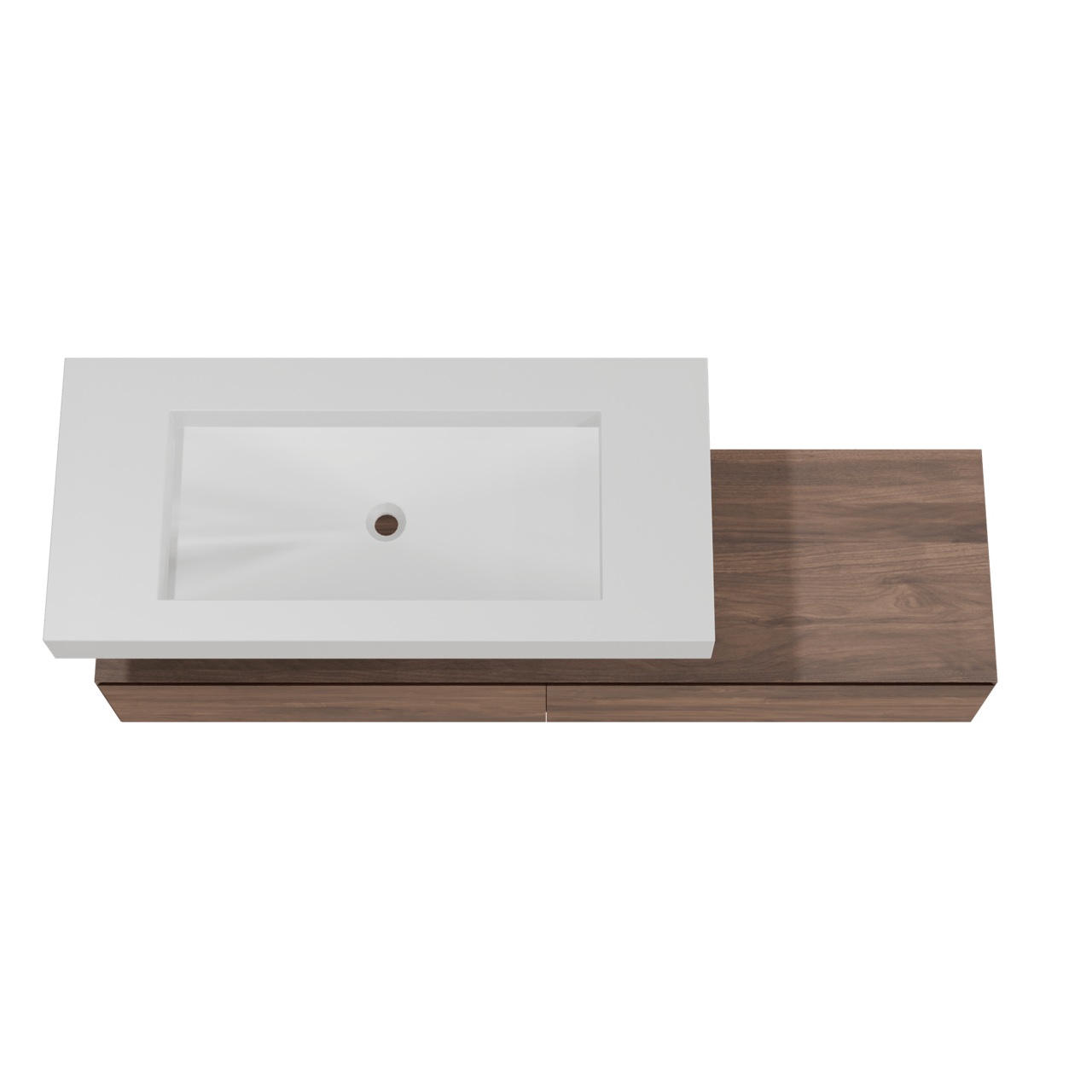 Balmani Mitra Elements hängendes Möbelstück Set: 180 x 55 cm, Amerikanischer Nussbaum mit Modus Einzelwaschtisch für 2 Armaturenlöcher 120 cm, Solid Surface Weiß matt