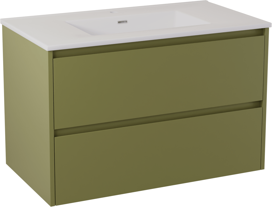 Storke Seda meuble salle de bains suspendu 95 x 52 cm vert olive avec Kera double vasque en céramique blanc brillant, crépine incluse