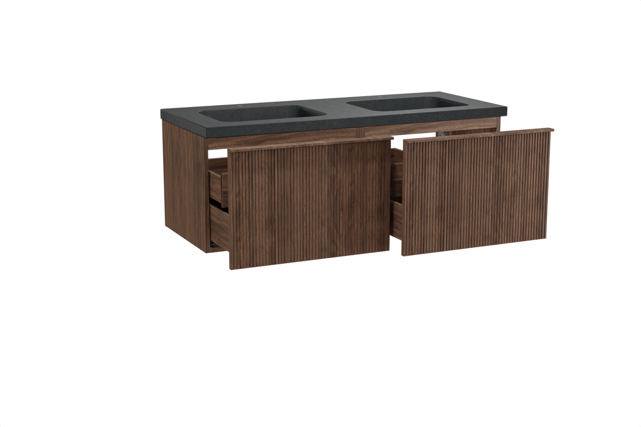 Balmani Forma zwevend badkamermeubel 135 x 55 cm amerikaanse notelaar met Napoli dubbele wastafel in graniet zwart, Verticale symmetrische rechte ribbel