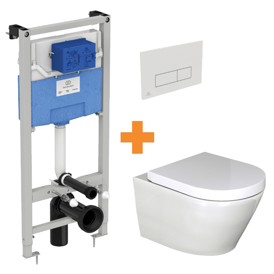 Luca Varess Calibro WC suspendu blanc brillant sans bride avec bâti-support et Ideal Standard Oleas M2 blanc brillant plaque de commande gratuit