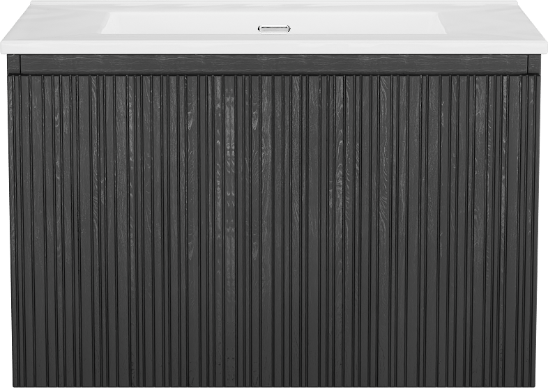 Storke Ribs zwevend badkamermeubel 75 x 52 cm zwarte eik met Kera enkele wastafel in porselein hoogglans wit, Verticale asymmetrische rechte ribbel, afvoerplug inbegrepen