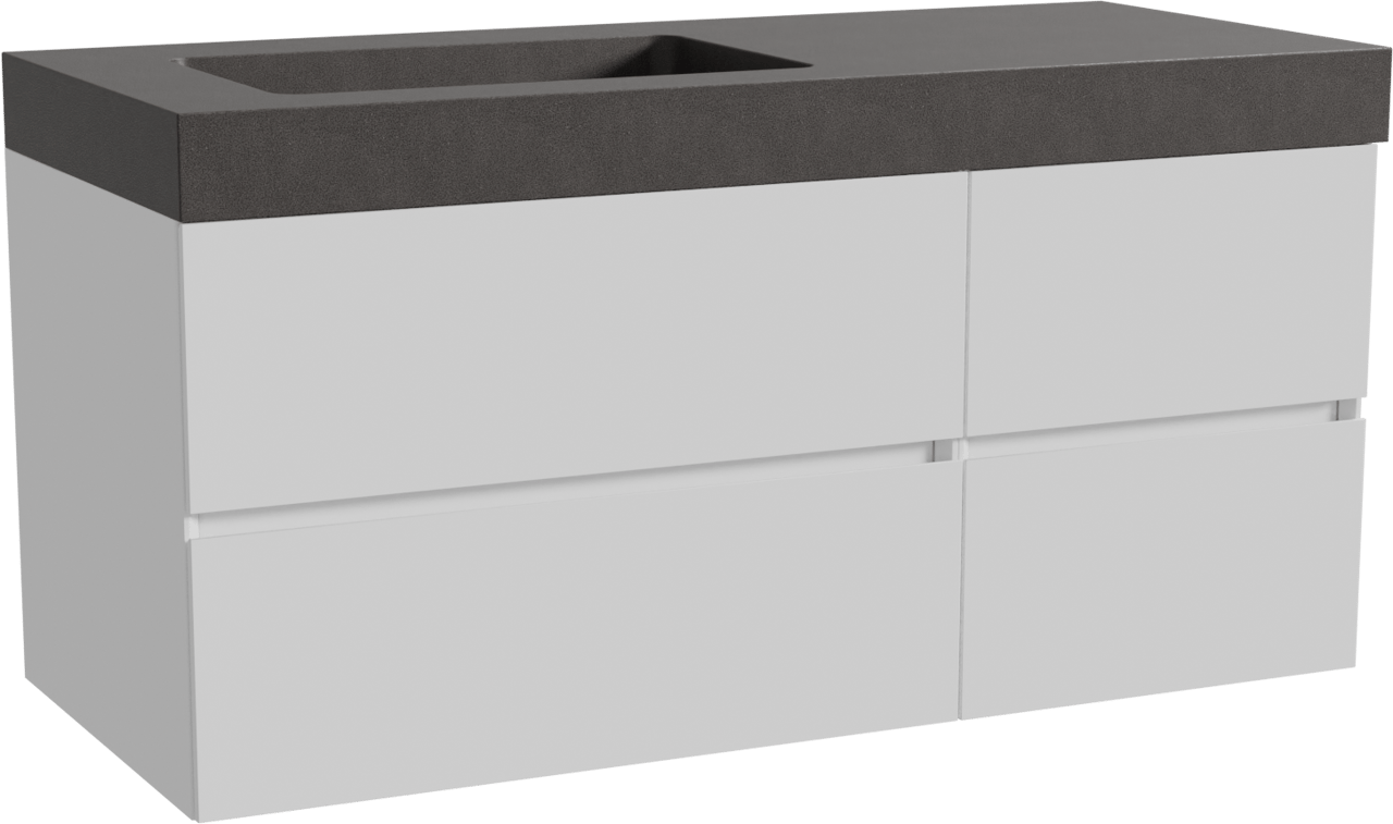 Storke Edge zwevend badkamermeubel 120 x 52 cm glanzend wit met Scuro High asymmetrisch linkse wastafel in kwarts mat zwart