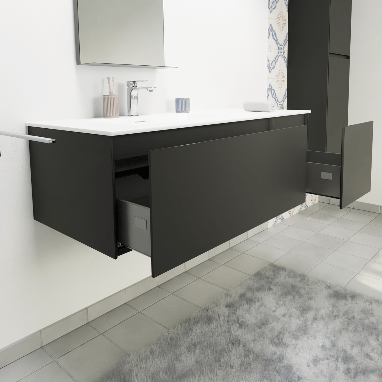 Storke Edge zwevend badmeubel 120 x 52 cm mat zwart met Mata asymmetrisch linkse wastafel in solid surface mat wit