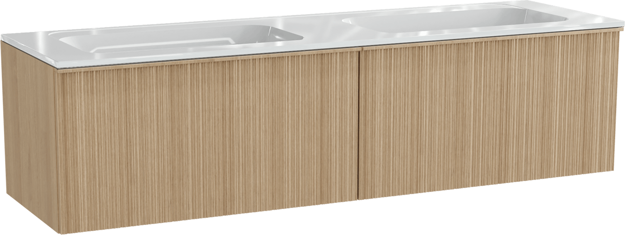 Balmani Forma zwevend badkamermeubel 180 x 55 cm natuur eik met Tablo Strada dubbele wastafel in composietmarmer glanzend wit, Verticale asymmetrische ronde ribbel