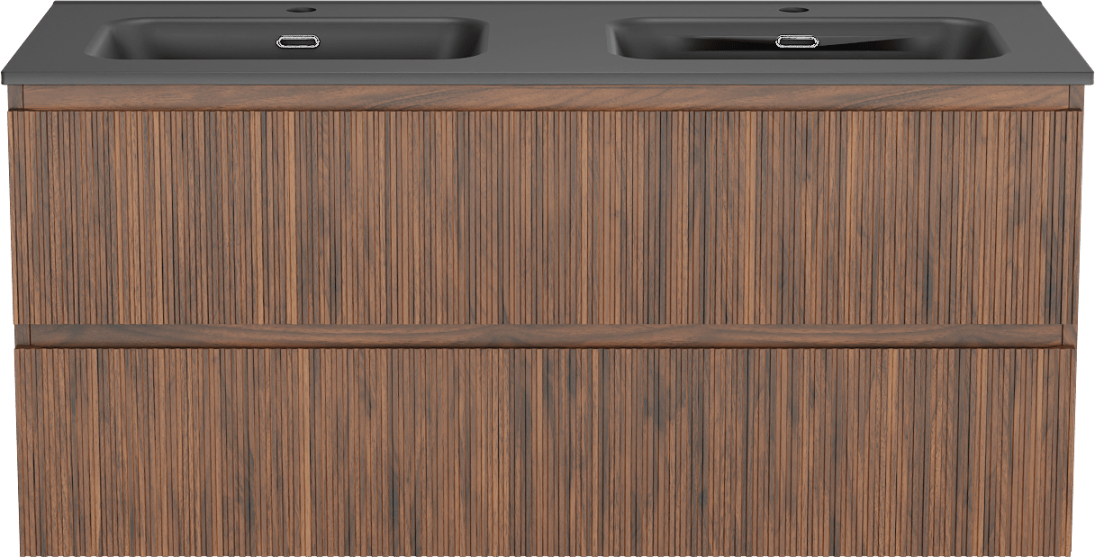 Linie Lado Ribs meuble salle de bains suspendu 120 x 46 cm noyer avec Baro double vasque en porcelaine noir mat, Nervure droite symétrique verticale