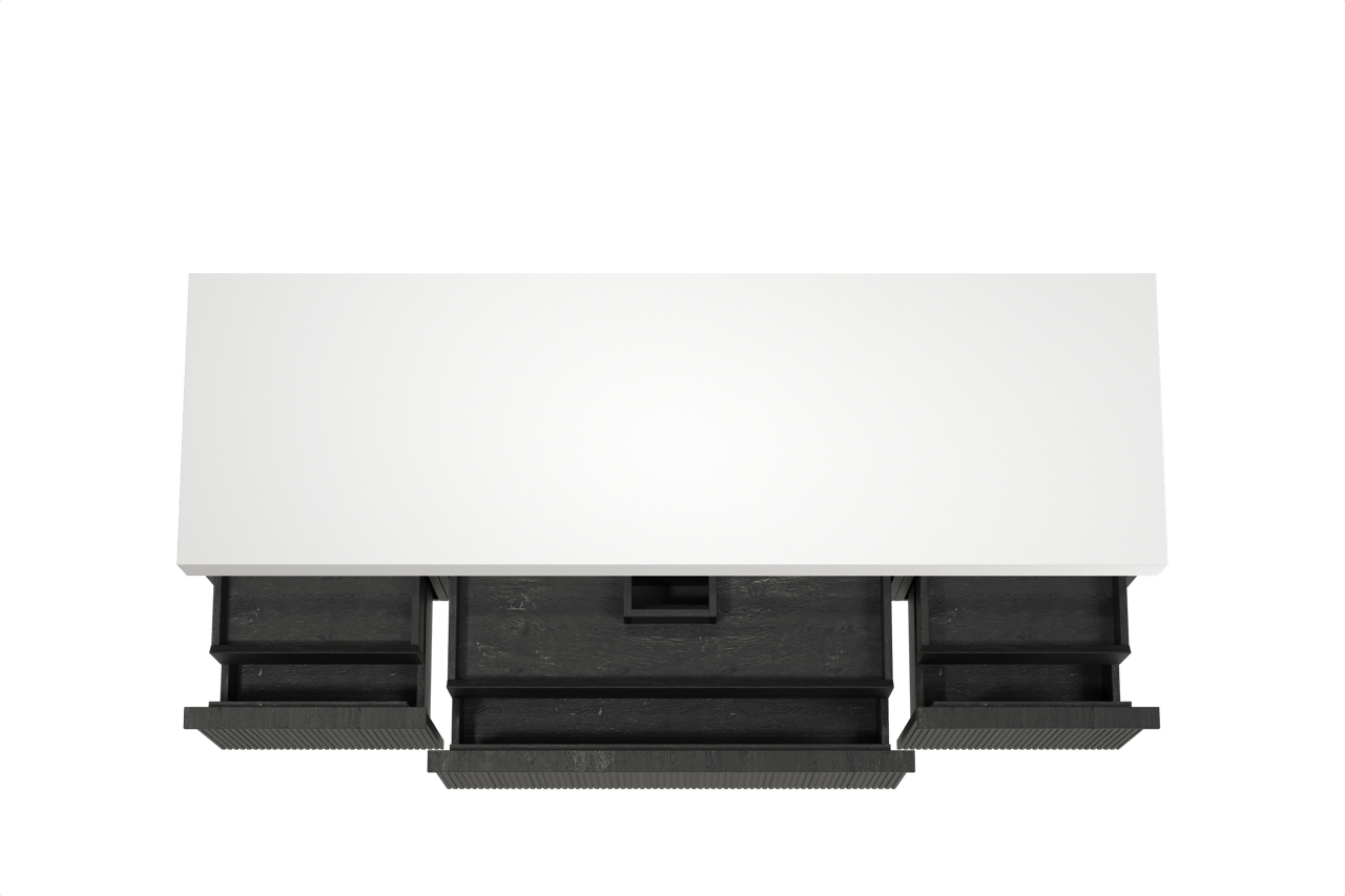 Balmani Forma hängendes Möbelstück Set: 180 x 55 cm, Schwarze Eiche, mit Dominus Einzel- oder Doppel Waschtischplatte, Solid Surface, Weiß matt, Vertikale symmetrische gerade Rippe