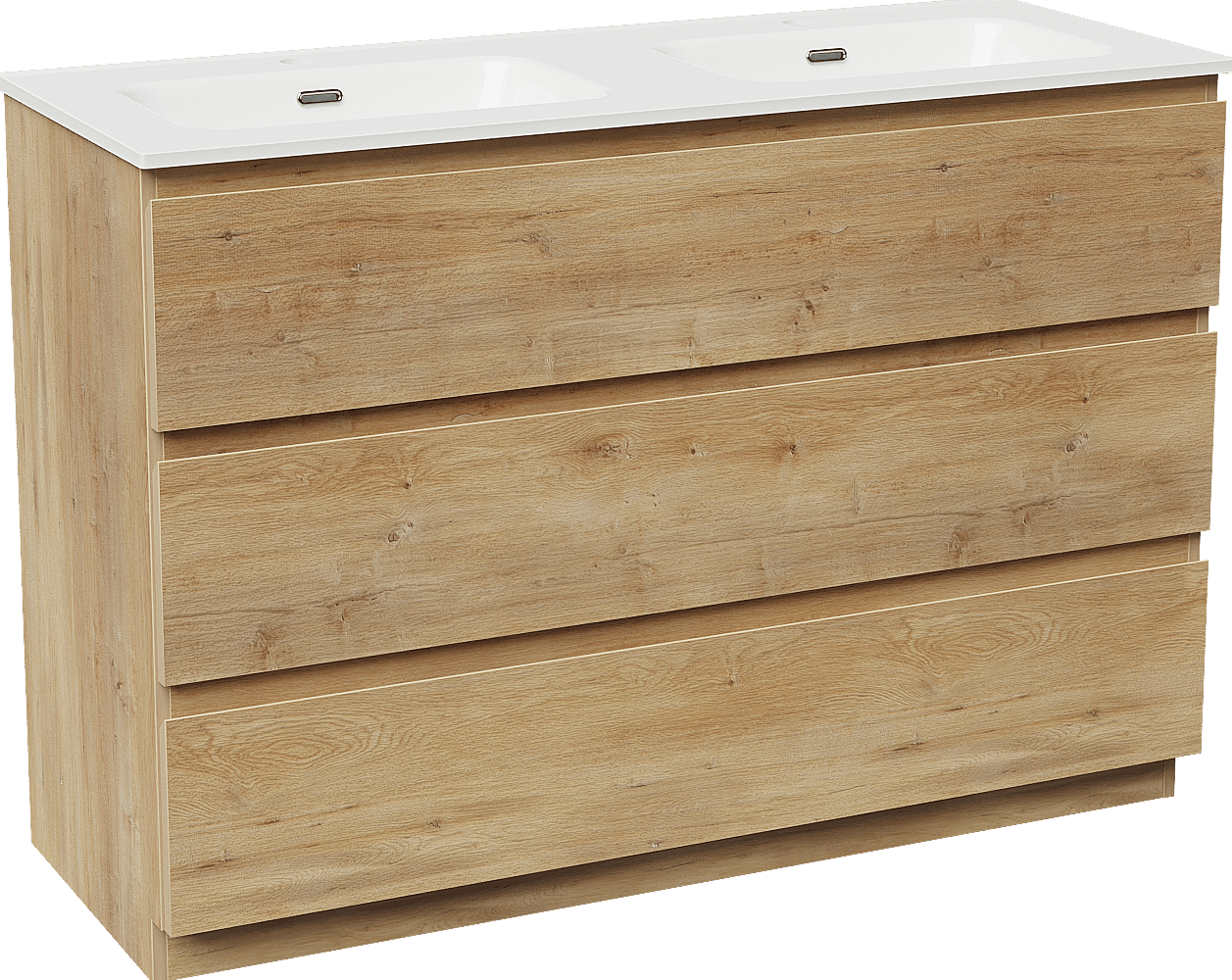 Linie Lado freistehendes Möbelstück Set: 120 x 46 cm, Naturbelassene Eiche, mit Baro Doppelwaschtisch, Porzellan Weiß glänzend
