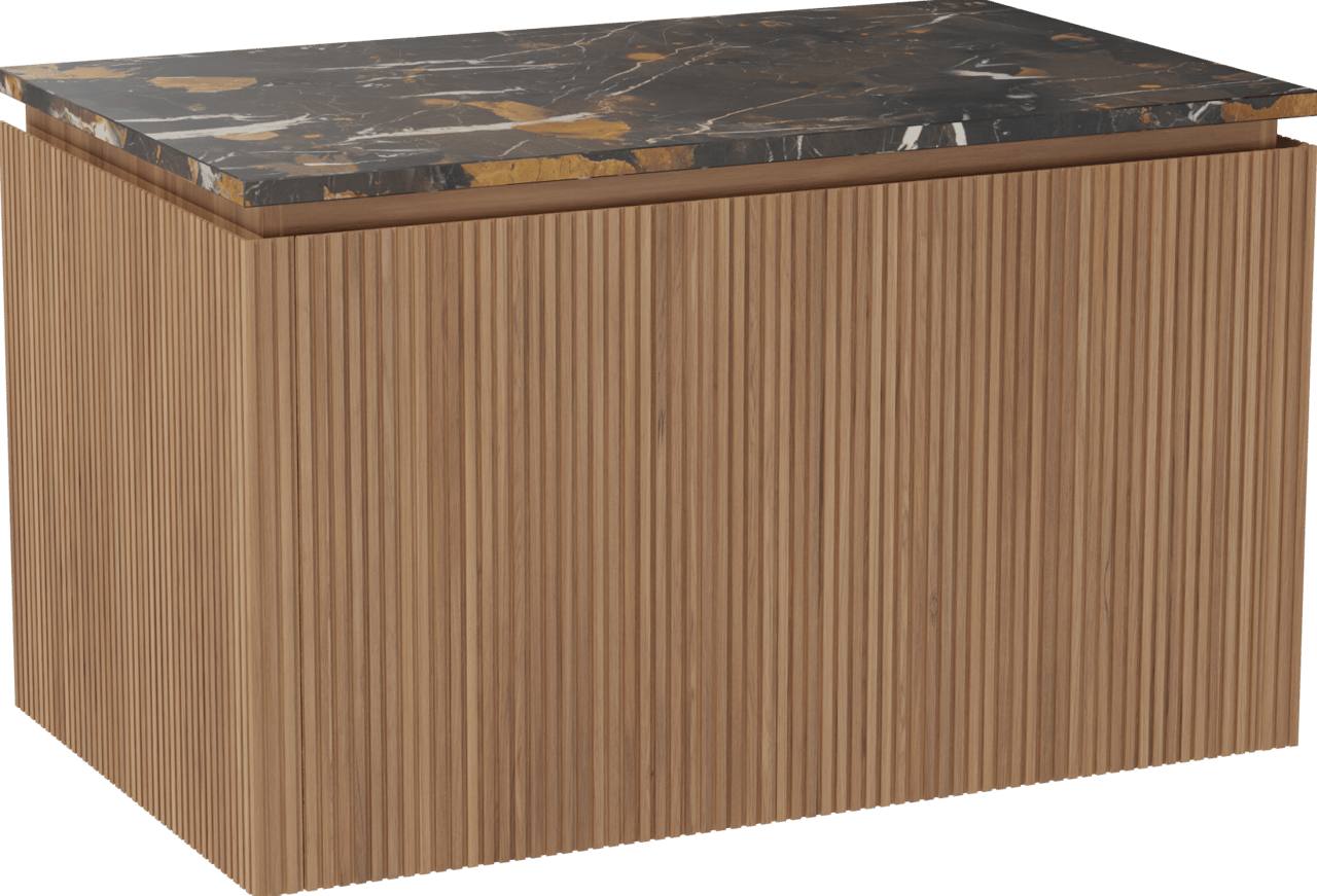 Balmani Eclips hängendes Möbelstück Set: 90 x 55 cm, Teak, mit Stretto Einzel Waschtischplatte Portoro Gold Marmor, Vertikale symmetrische gerade Rippe