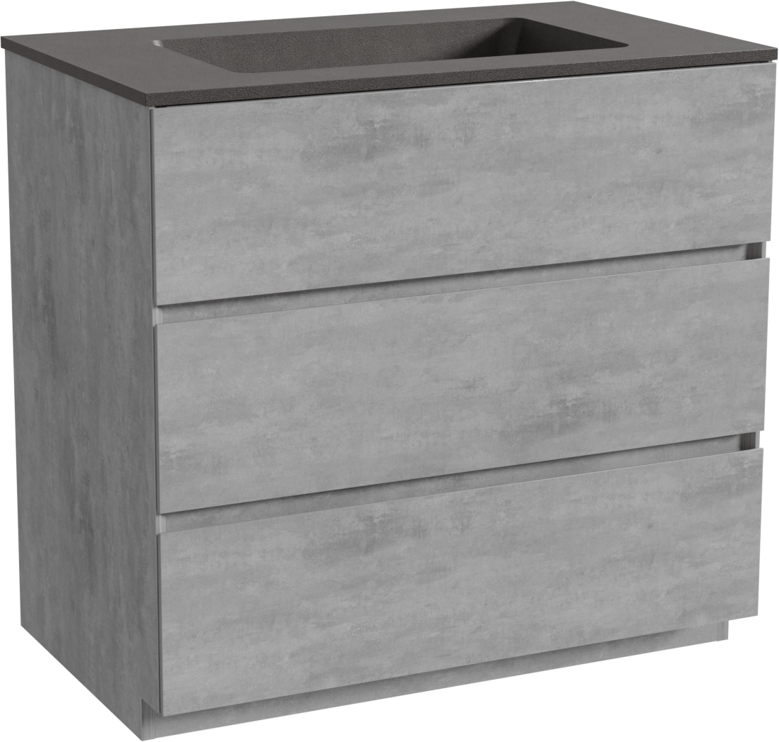Storke Edge freistehendes Möbelstück Set: 85 x 52 cm, Beton dunkelgrau, mit Scuro Einzelwaschtisch, Quarz Schwarz matt