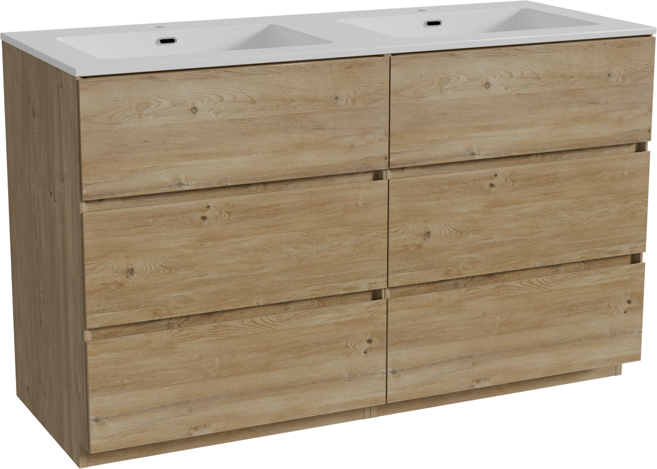 Storke Edge freistehendes Möbelstück Set: 130 x 52 cm, Rohe Eiche, mit Diva Doppelwaschtisch, Marmorkomposit Weiß glänzend