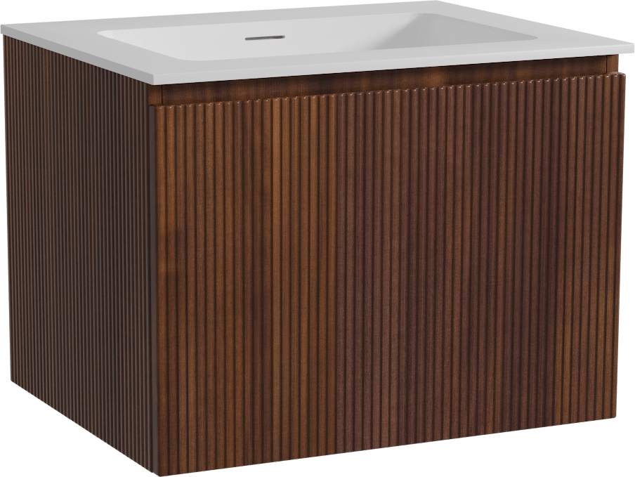 Storke Ribs hängendes Möbelstück Set: 65 x 52 cm, Nussbaum, mit Mata Einzelwaschtisch, Solid Surface, Weiß matt, Vertikale symmetrische gerade Rippe