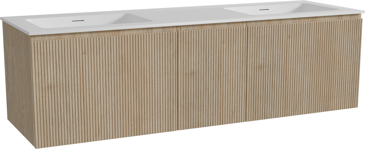 Storke Ribs zwevend badmeubel 165 x 52 cm ruw eiken met Mata dubbele wastafel in solid surface mat wit, Verticale symmetrische rechte ribbel