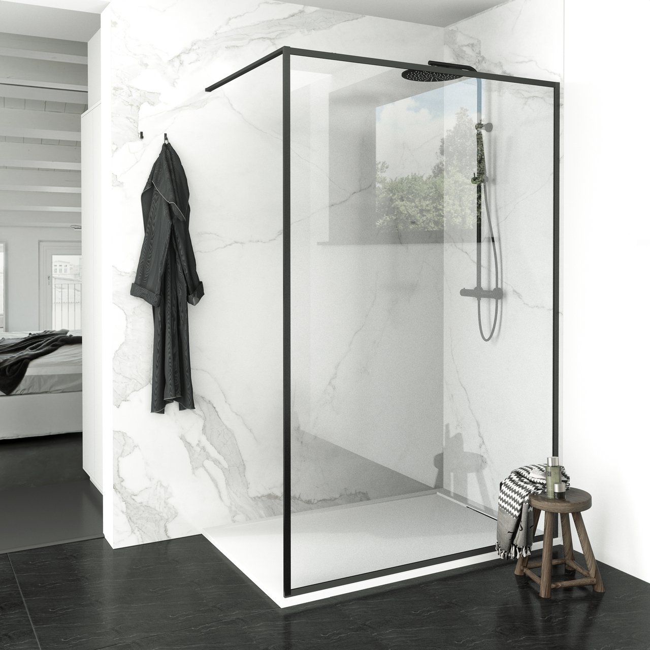 Balmani Framed Walk-In-Dusche 160 x 210 cm Klarglas, inklusive Coating, matt schwarzes Profil