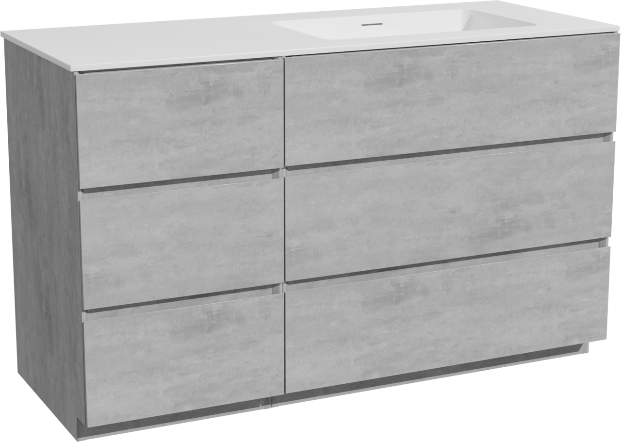 Storke Edge staand badmeubel 130 x 52 cm beton donkergrijs met Mata asymmetrisch rechtse wastafel in solid surface mat wit