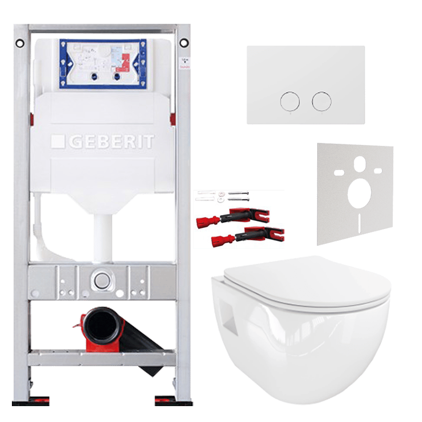 WC Set: Linie Waldo Hänge WC, Weiß glänzend, spülrandlos, Burda Element für Wand-WC mit Geberit Sigma UP320 Spülkasten und Luca Varess Betätigungsplatte