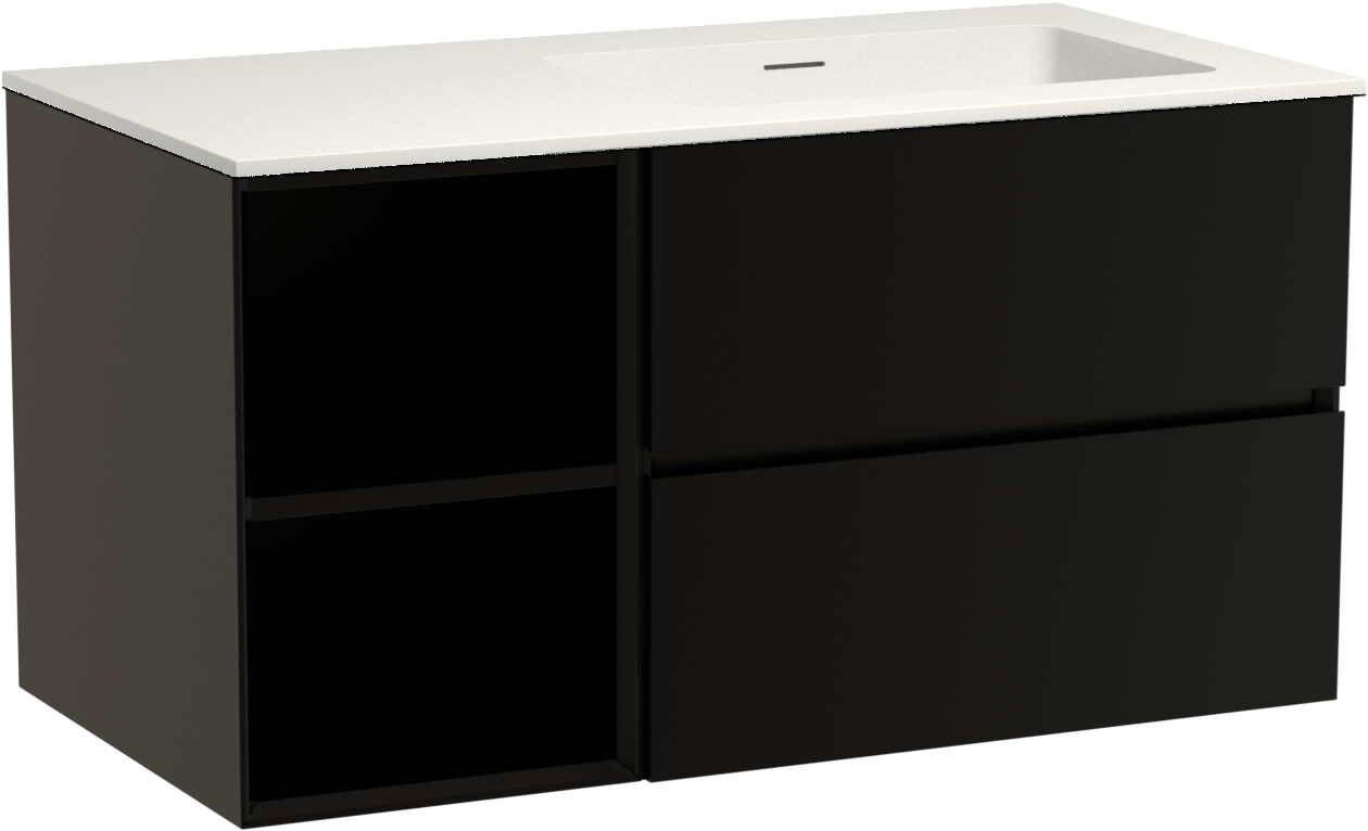 Storke Edge zwevend badkamermeubel 100 x 52 cm mat zwart met Mata asymmetrisch rechtse wastafel in solid surface mat wit