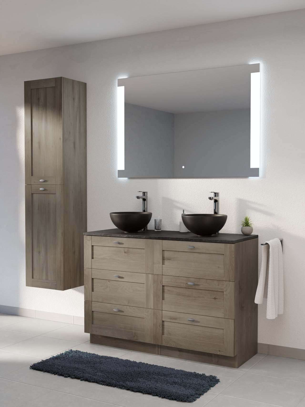 Linie Classo freistehendes Möbelstück Set: 120 x 46 cm, Graue Eiche, mit Lado Einzel- oder Doppel Waschtischplatte, Melamin Schiefergrau