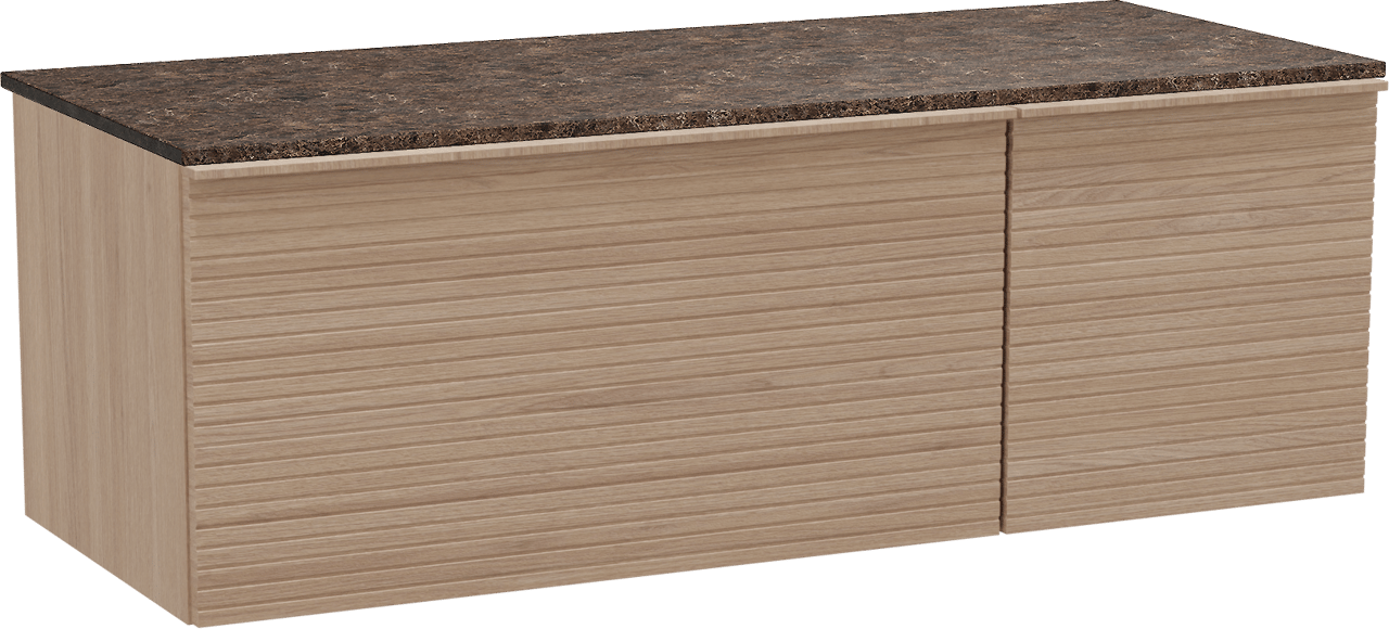 Balmani Forma zwevend badmeubel 135 x 55 cm naturel eiken met Stretto enkel of dubbel wastafelblad in marmer dark emperador, Horizontale symmetrische rechte ribbel