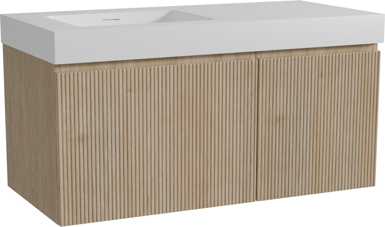 Storke Ribs hängendes Möbelstück Set: 110 x 52 cm, Rohe Eiche, mit Mata High Waschtisch links, Solid Surface, Weiß matt, Vertikale symmetrische gerade Rippe