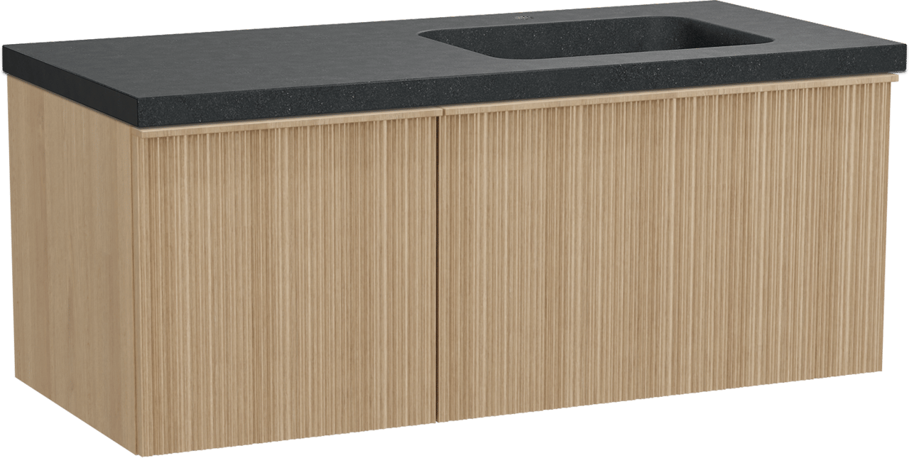 Balmani Forma zwevend badmeubel 120 x 55 cm naturel eiken met Napoli asymmetrisch rechtse wastafel in zwart graniet, Verticale asymmetrische ronde ribbel
