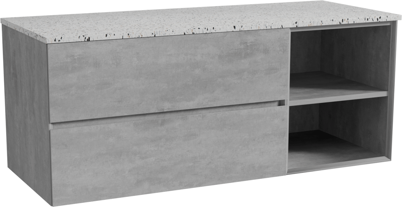 Storke Edge meuble salle de bains suspendu 130 x 52 cm béton gris foncé avec Tavola tablette simple ou double en blanc/noir mat terrazzo