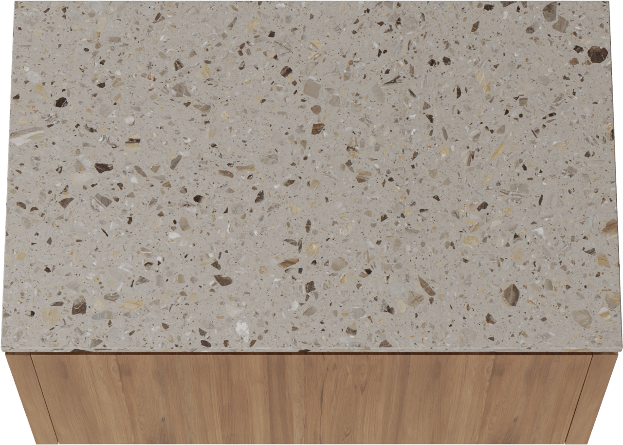 Balmani Eclips hängendes Möbelstück Set: 90 x 55 cm, Teak, mit Stretto Einzel Waschtischplatte Greige Terrazzo