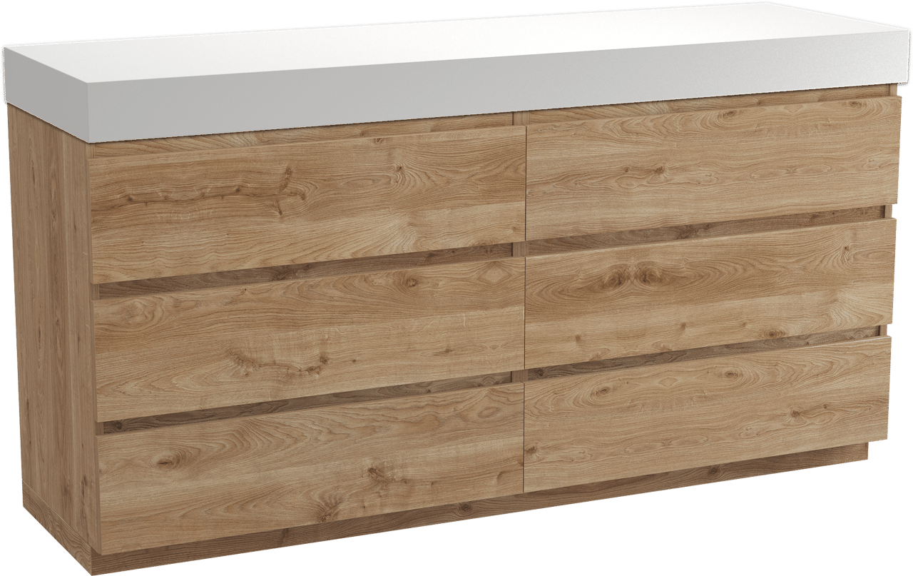 Balmani Lucida meuble salle de bains à poser 180 x 55 cm chêne brut avec Dominus tablette simple ou double en solid surface blanc mat