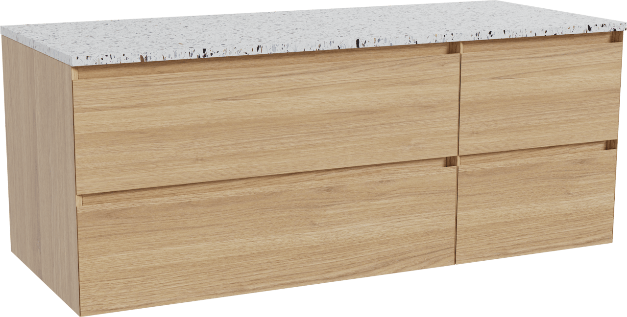Balmani Mitra meuble salle de bains suspendu 135 x 55 cm chêne naturel avec Stretto tablette simple ou double en blanc/noir mat terrazzo