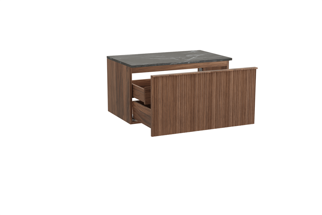 Balmani Forma meuble salle de bains suspendu 90 x 55 cm noyer américain avec Stretto tablette simple en marbre pietra grey, Nervure circulaire asymétrique verticale