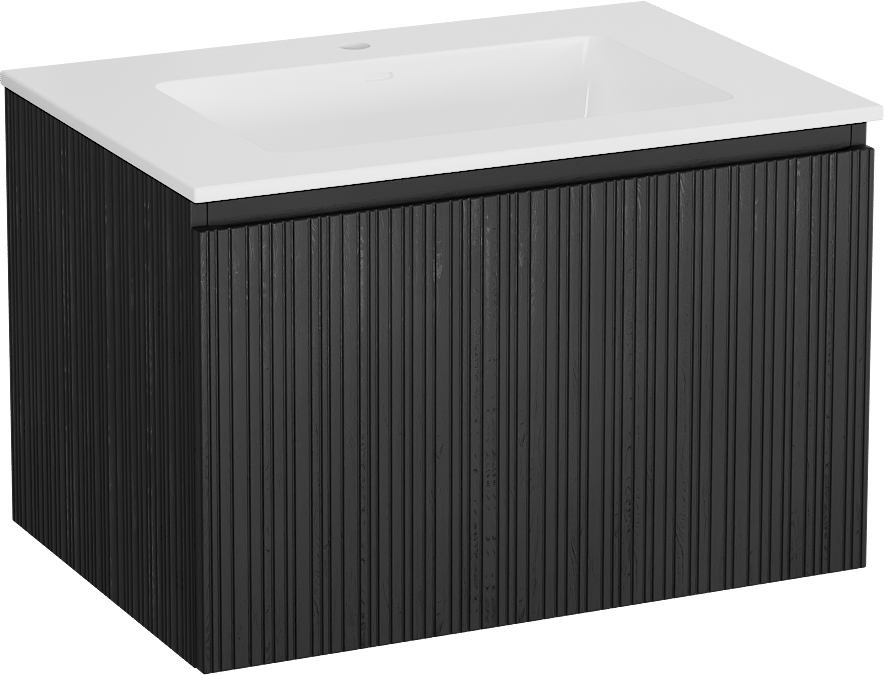 Storke Ribs zwevend badmeubel 75 x 52 cm zwart eiken met Bilia enkele wastafel in composietmarmer hoogglans wit, Verticale asymmetrische rechte ribbel
