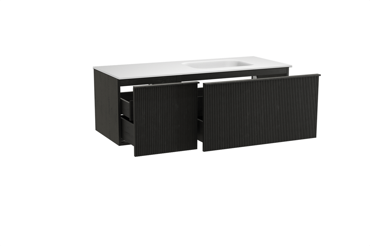 Balmani Forma zwevend badkamermeubel 135 x 55 cm zwarte eik met Tablo Arcato asymmetrisch rechtse wastafel in solid surface mat wit, Verticale symmetrische rechte ribbel