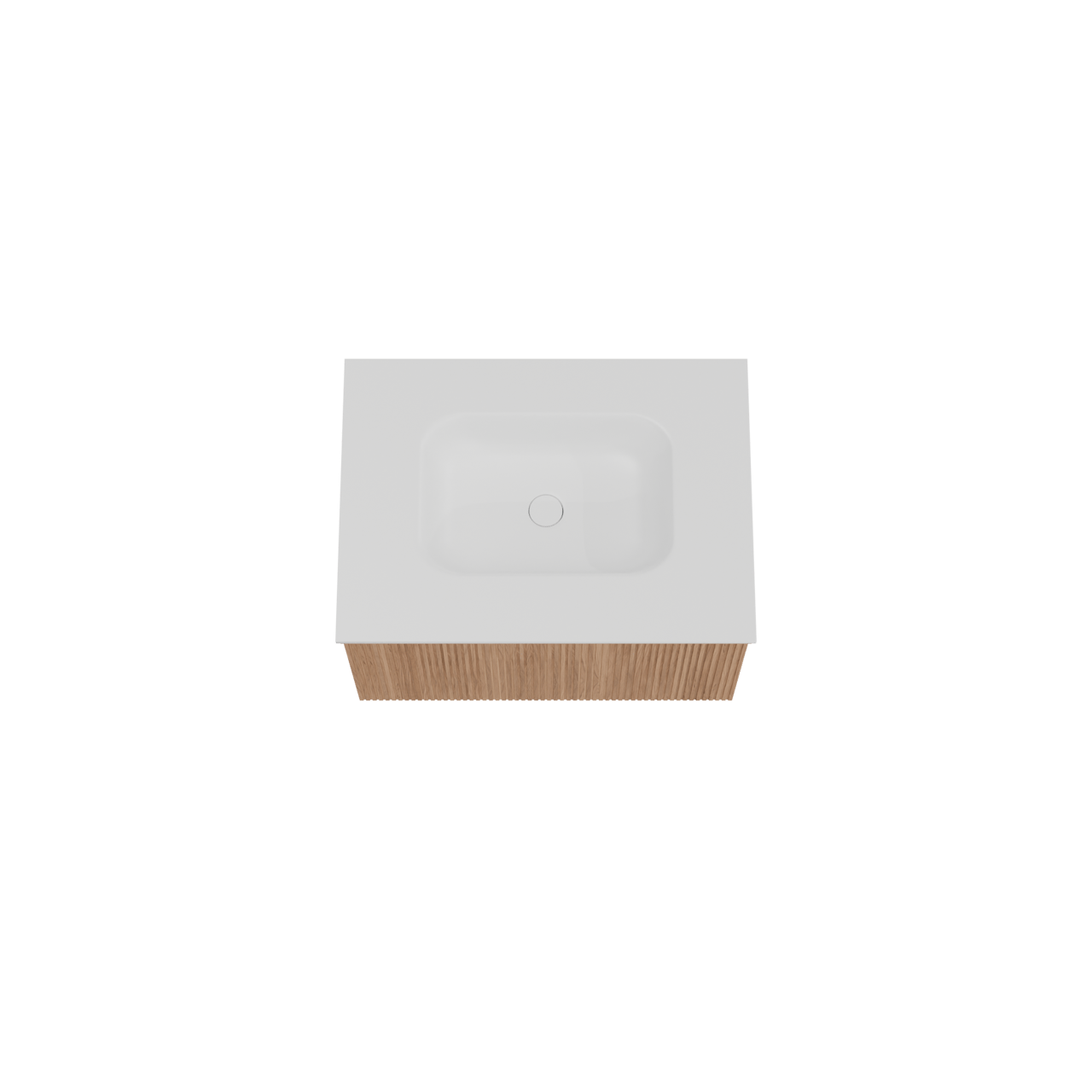 Balmani Forma hängendes Möbelstück Set: 75 x 55 cm, Teak, mit Tablo Arcato Einzelwaschtisch, Solid Surface, Weiß matt, Vertikale symmetrische gerade Rippe