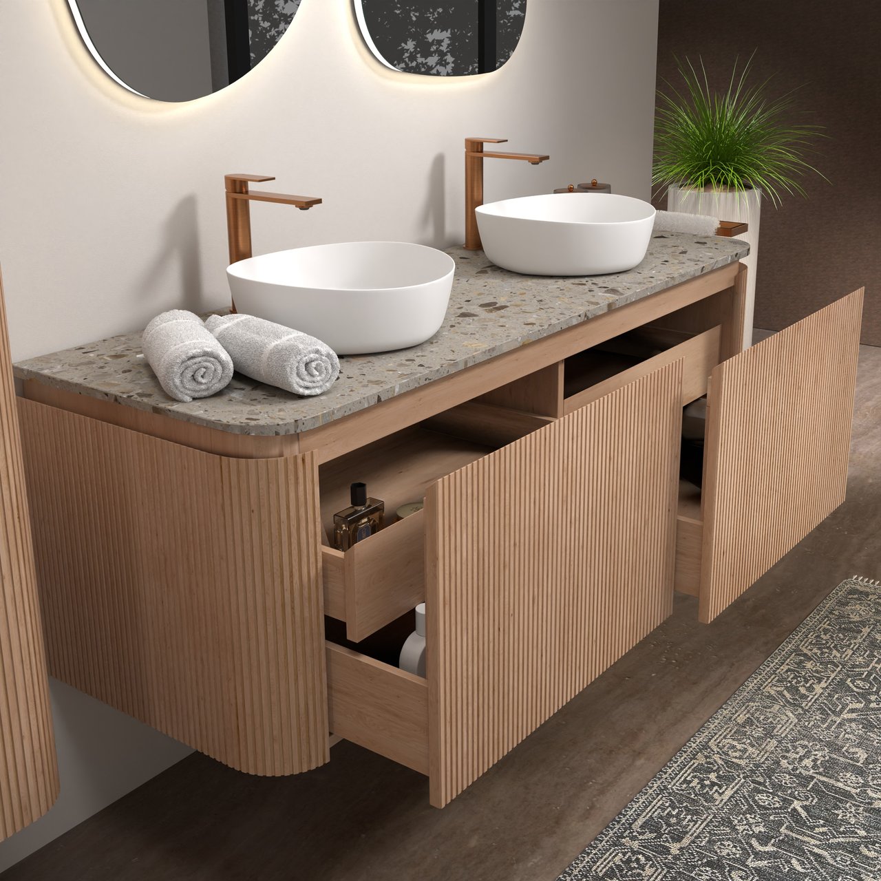 Balmani Moon zwevend badkamermeubel 160 x 55 cm natuur eik met Moon enkel of dubbel tablet in terrazzo greige terrazzo, Verticale symmetrische rechte ribbel