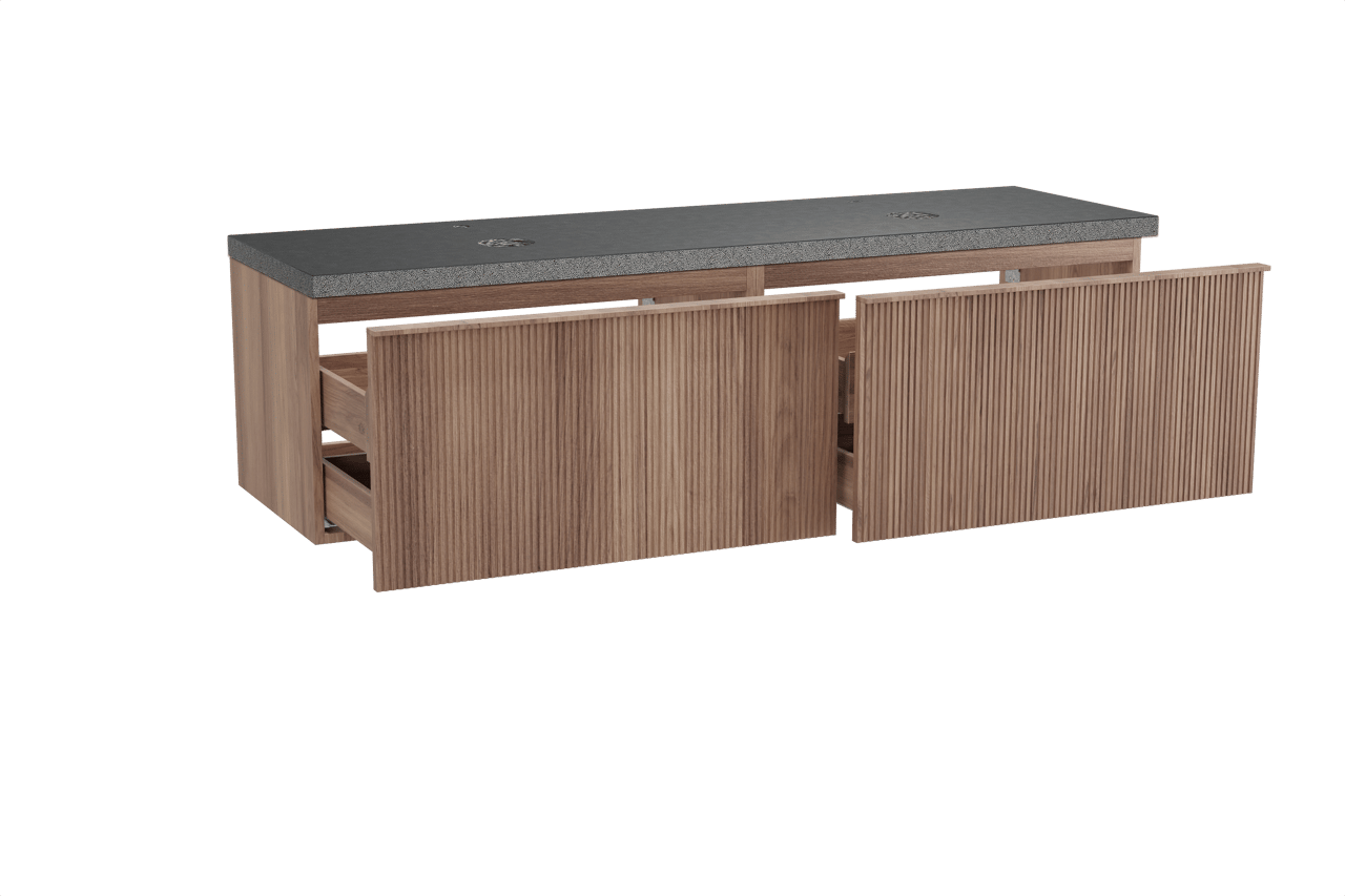 Balmani Forma zwevend badkamermeubel 180 x 55 cm teak met Rock dubbel tablet in graniet zwart, Verticale symmetrische rechte ribbel