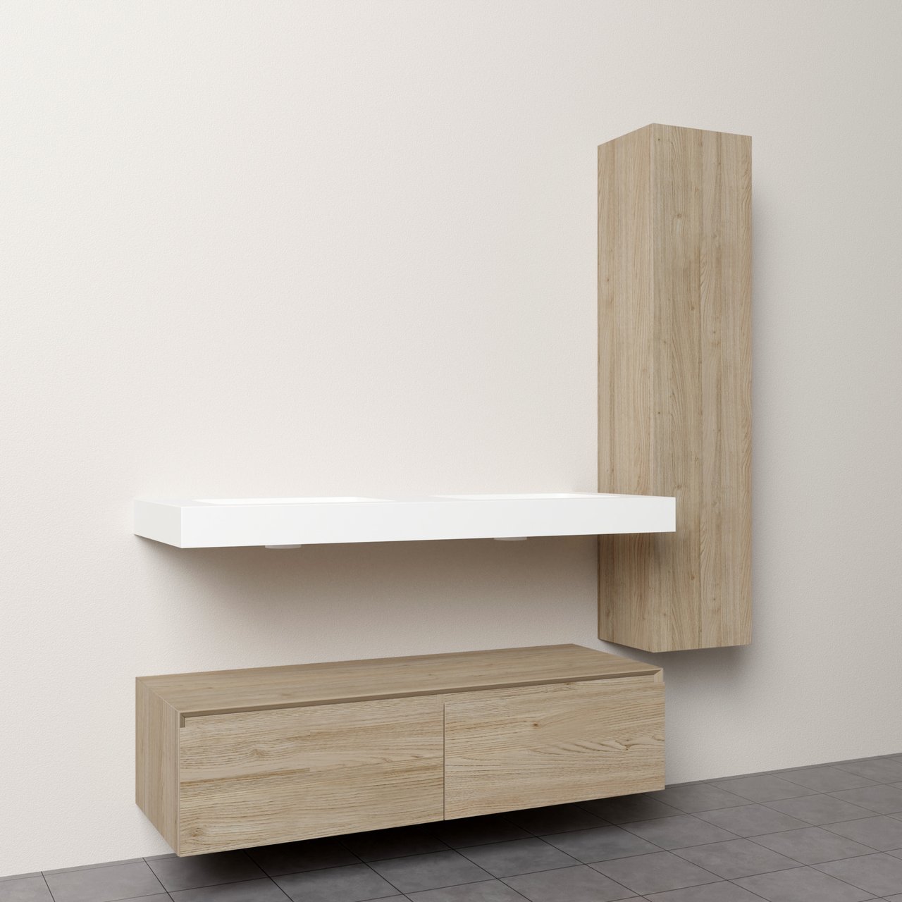 Storke Edge Modulo zwevend badkamermeubel 130 x 52 cm ruwe eik met Mata High dubbele wastafel in solid surface mat wit en Edge Modulo badkamerkast