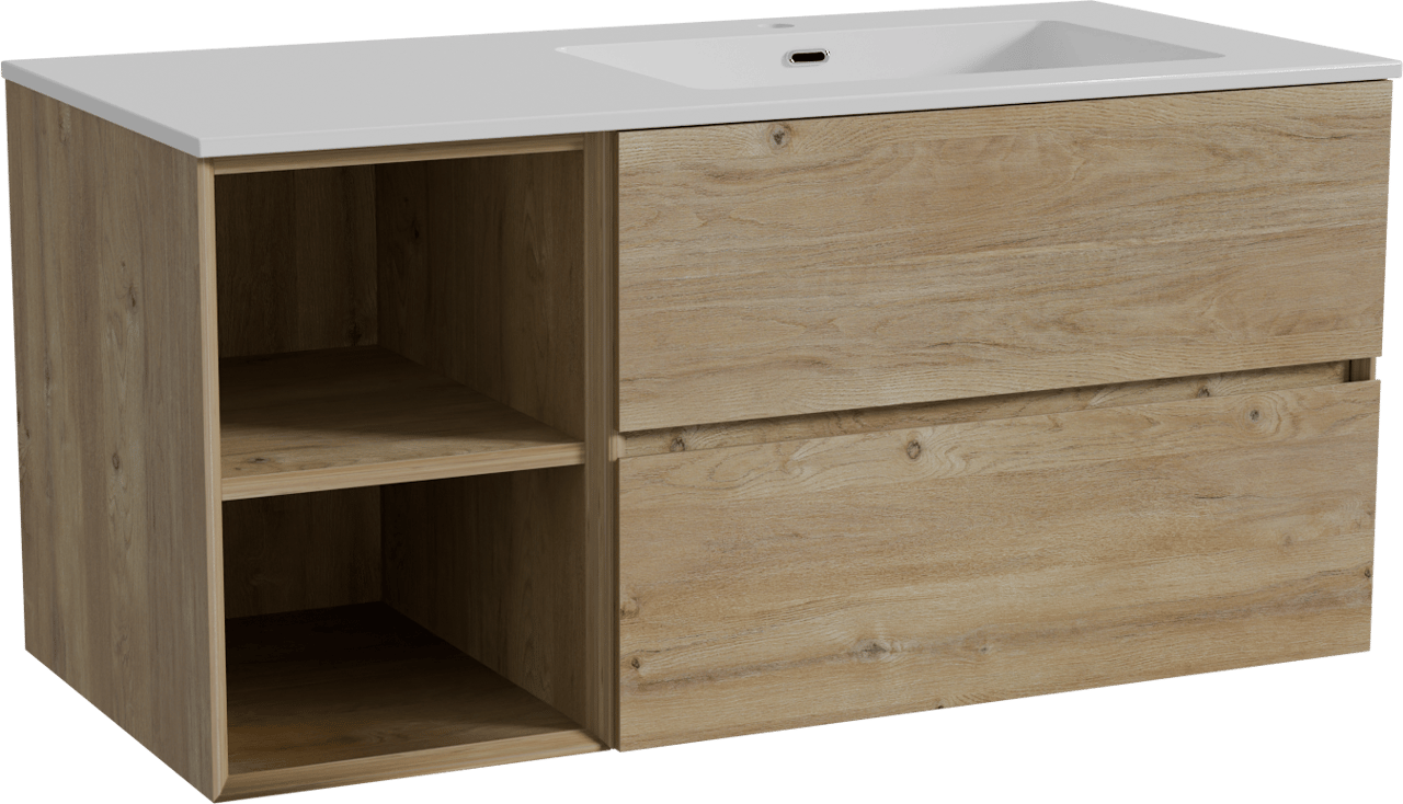 Storke Edge zwevend badmeubel 110 x 52 cm ruw eiken met Diva asymmetrisch rechtse wastafel in composietmarmer hoogglans wit