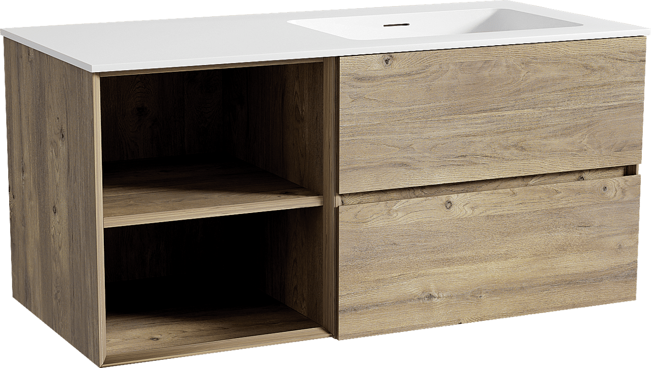 Storke Edge zwevend badmeubel 110 x 52 cm ruw eiken met Mata asymmetrisch rechtse wastafel in solid surface mat wit