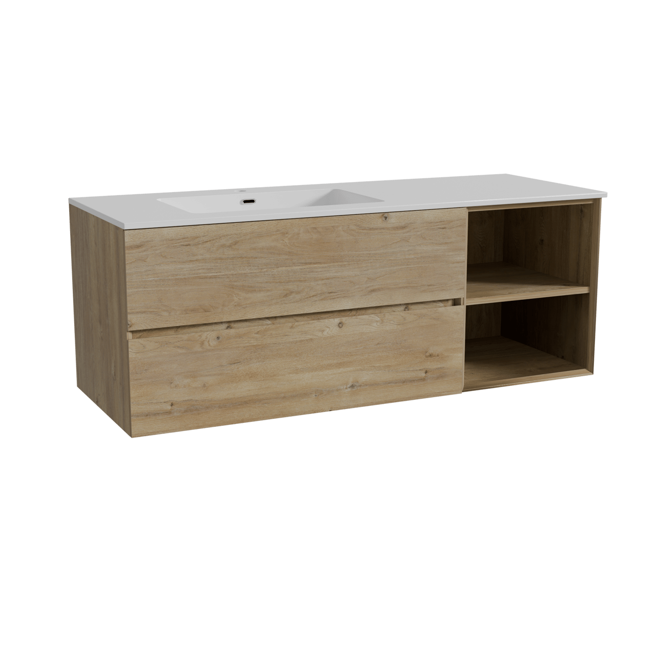 Storke Edge zwevend badmeubel 140 x 52 cm ruw eiken met Diva asymmetrisch linkse wastafel in composietmarmer hoogglans wit