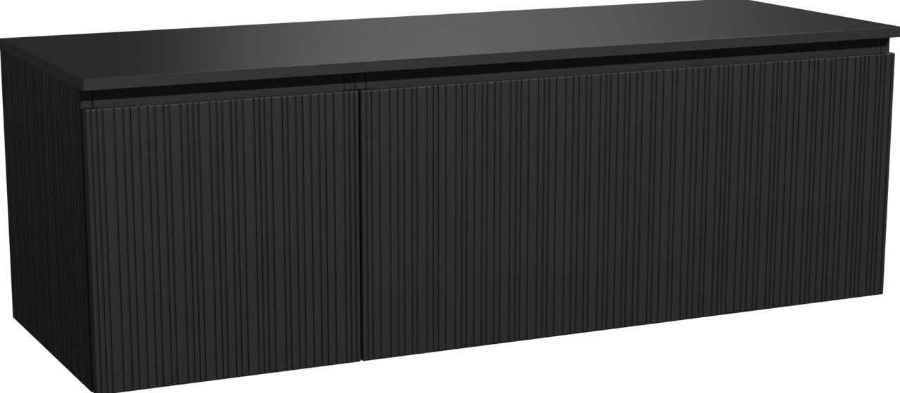 Storke Ribs zwevend badmeubel 150 x 52 cm zwart eiken met Panton enkel of dubbel wastafelblad in gepoedercoate mdf mat zwart, Verticale asymmetrische rechte ribbel