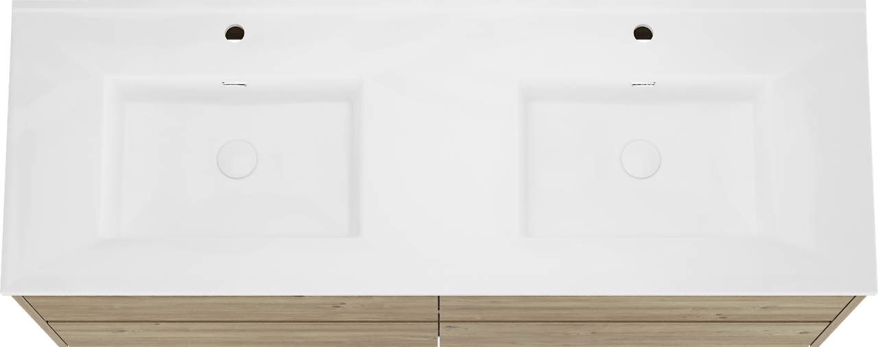 Storke Seda zwevend badkamermeubel 150 x 52 cm ruwe eik met Kera dubbele wastafel in porselein glanzend wit, inclusief crepines