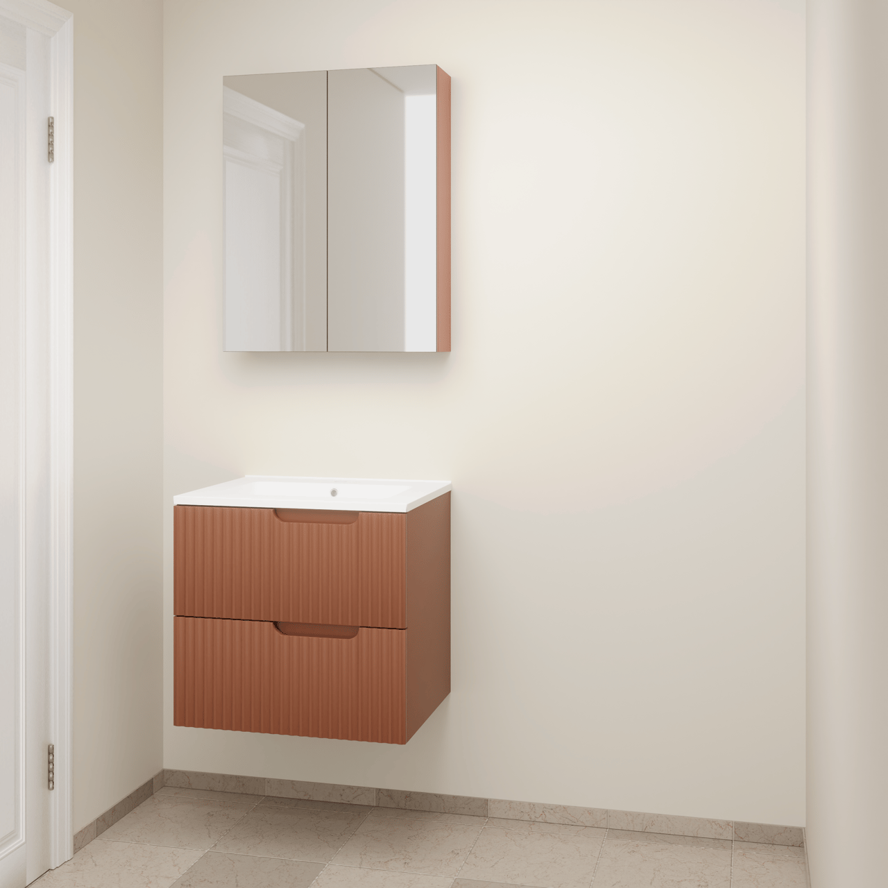 Linie Ribbo zwevend badkamermeubel 60 x 46 cm cotto met Vano enkele wastafel in composietmarmer mat wit, Verticale symmetrische ronde ribbel en Montro spiegelkast