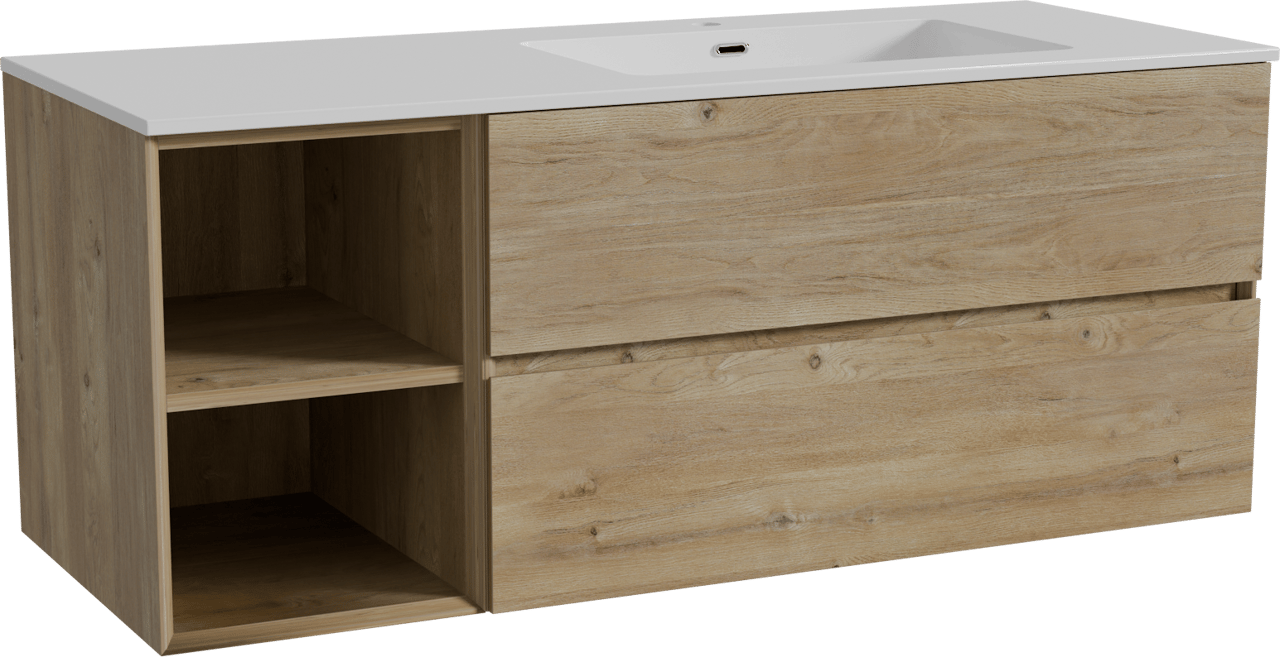 Storke Edge zwevend badmeubel 130 x 52 cm ruw eiken met Diva asymmetrisch rechtse wastafel in composietmarmer hoogglans wit