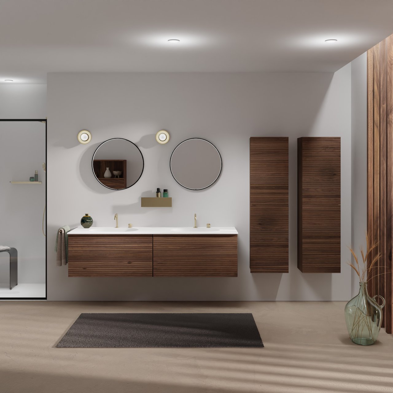 Balmani Forma zwevend badmeubel 180 x 55 cm amerikaans notenhout met Tablo Oval dubbele wastafel in solid surface mat wit, Horizontale symmetrische rechte ribbel
