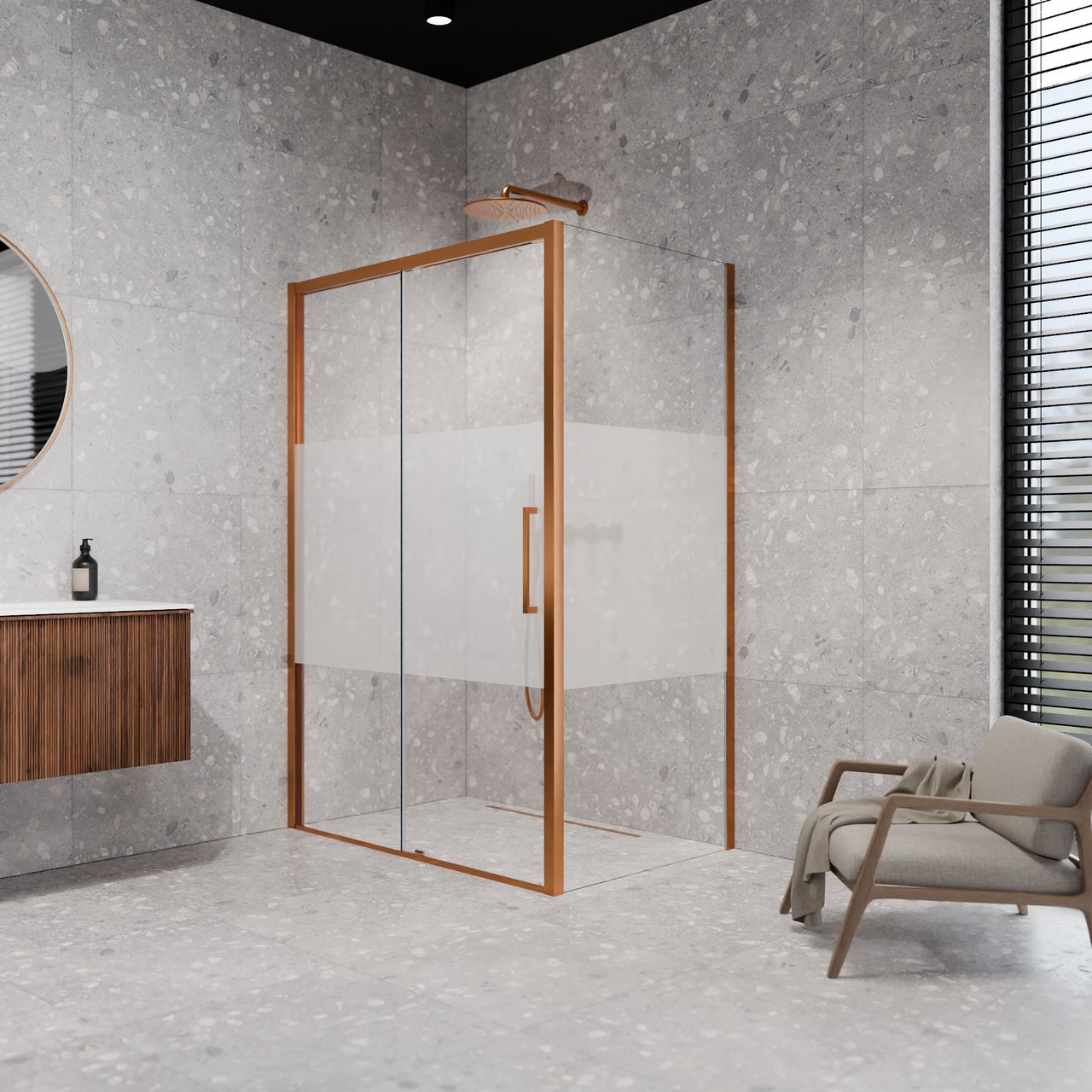 Balmani Senses Design douchehoek met linkse schuifdeur en vaste zijwand, 120 x 100 cm, Helder glas met matte strook, Brushed Rosegold profielen, met coating