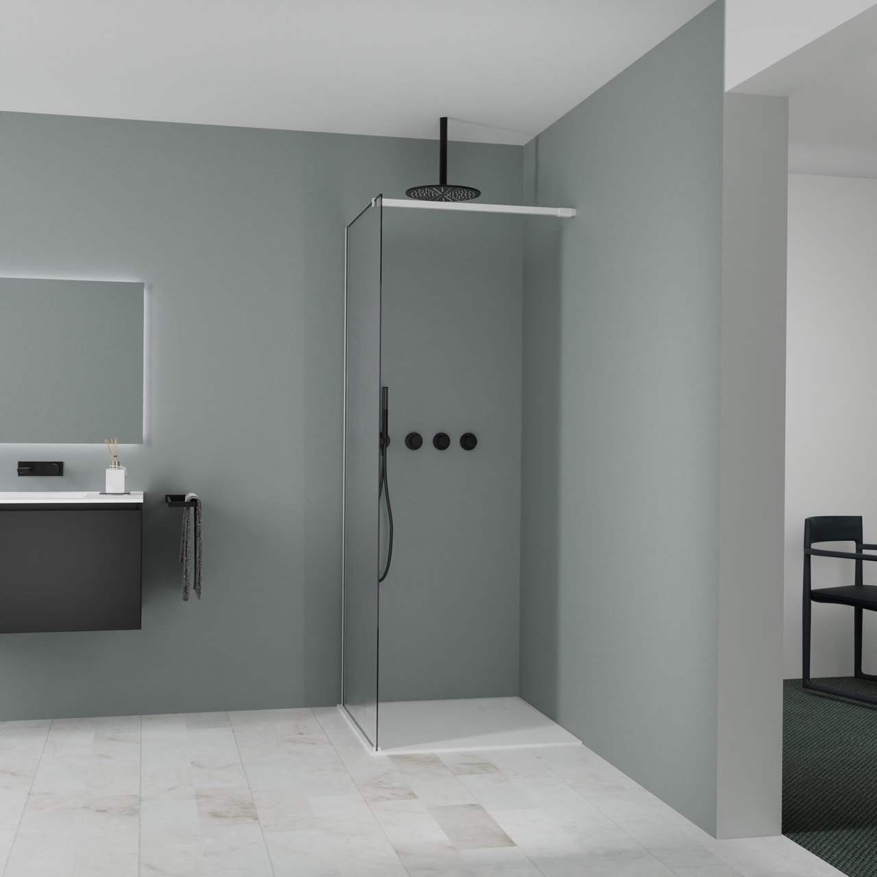 Balmani Modular inloopdouche: 80 x 200 cm, Ribs met coating, Mat witte profielen