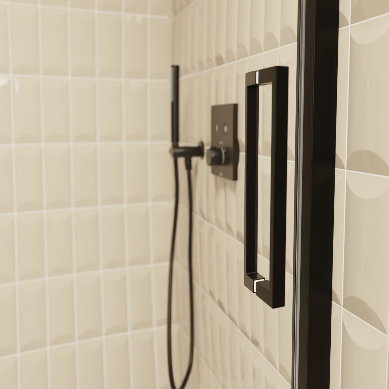 Balmani Senses Design Dusche Schiebetür, umkehrbar, 140 cm x 210 cm, Klarglas, Profil Schwarz