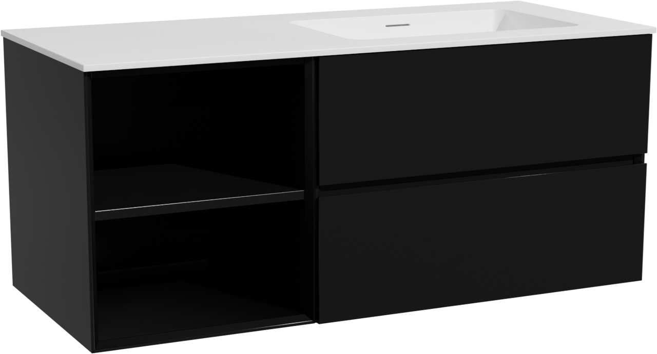 Storke Edge zwevend badmeubel 120 x 52 cm mat zwart met Mata asymmetrisch rechtse wastafel in solid surface mat wit