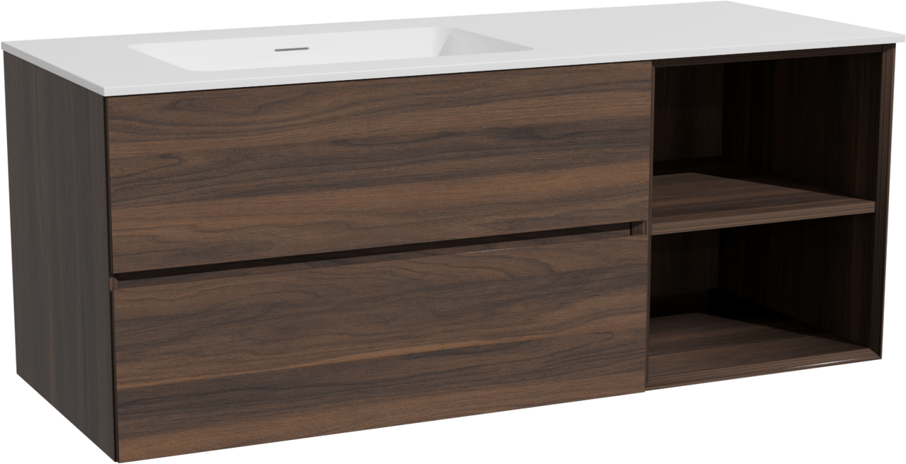 Storke Edge zwevend badkamermeubel 130 x 52 cm notelaar met Mata asymmetrisch linkse wastafel in solid surface mat wit