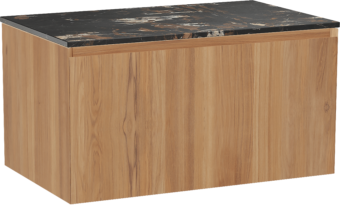 Balmani Idra by Mitra hängendes Möbelstück Set: 90 x 55 cm, Teak, mit Stretto Einzel Waschtischplatte, Marmor Portoro Gold