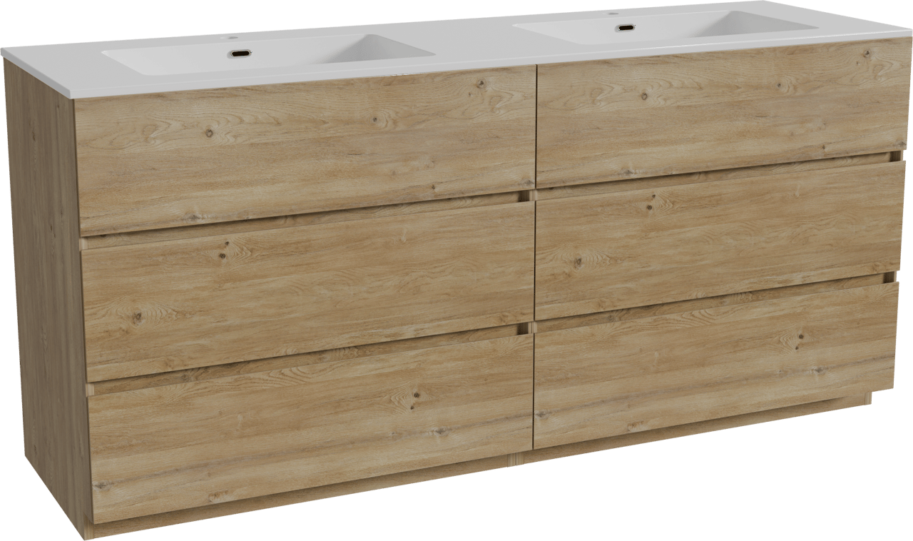 Storke Edge staand badkamermeubel 170 x 52 cm ruwe eik met Diva dubbele wastafel in composietmarmer glanzend wit
